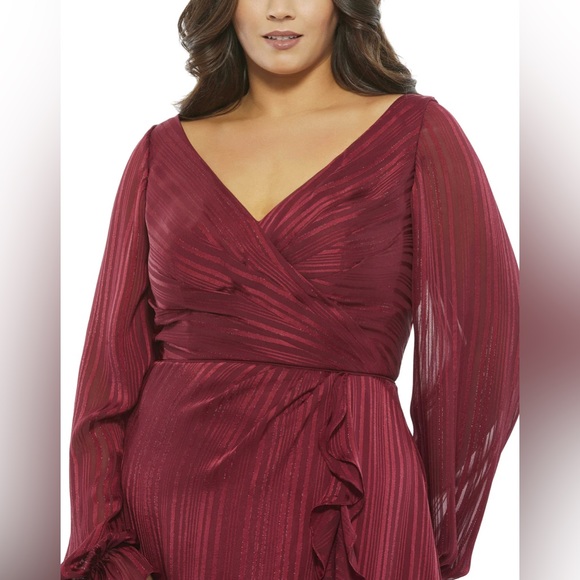 Mac Duggal Stripe Long Sleeve Faux Wrap Bishop Sleeve Gown NWT - Picture 3 of 9